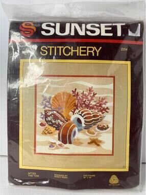 Vintage '82 Sunset Stitchery 2204 "After the Tide" Shells 16" x 16" Kit #1193